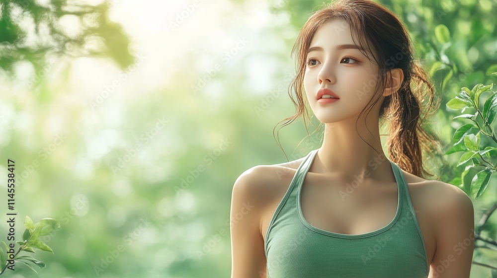 Beautiful Korean Woman in Activewear, Embracing Nature, Wellness, and a Healthy Lifestyle. Beautiful Korean Woman in Activewear, Embracing Nature, Wellness, and a Healthy Lifestyle.