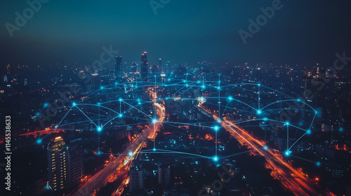 Wallpaper Mural Smart digital city with connection cyber security network reciprocity over the cityscape . future smart wireless digital city and social media networking systems that connects people within the city Torontodigital.ca