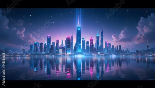 Futuristic cityscape at night with glowing neon lights and digital beams.