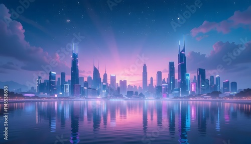 Futuristic cityscape at night with glowing neon lights and digital beams.
