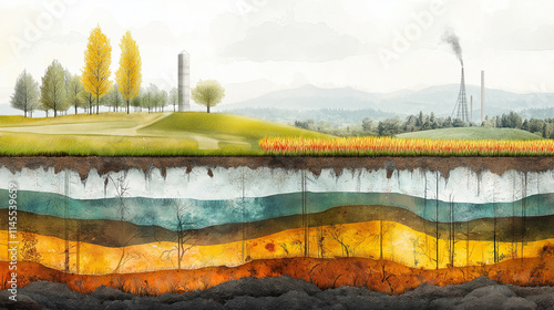 Chemical Pollution Underground. A layered cross-section showing chemicals leaching into the ground, contaminating soil and groundwater, with crops affected above. Chemical pollutio photo