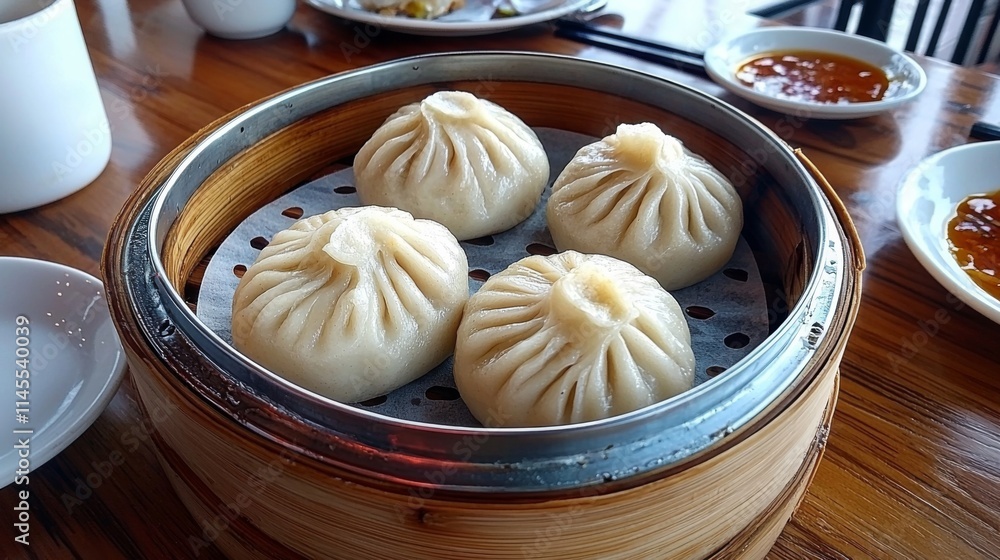Steaming dumplings served in a bamboo basket at a dining table during lunch hours in a local restaurant Steaming dumplings served in a bamboo basket at a dining table during lunch hours in a local restaurant