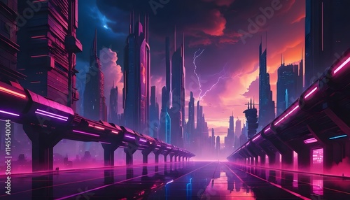 Futuristic cityscape at night with glowing neon lights and digital beams.