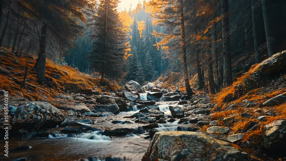 Serene autumnal stream flows through a dense forest, sunlight filtering through the trees.