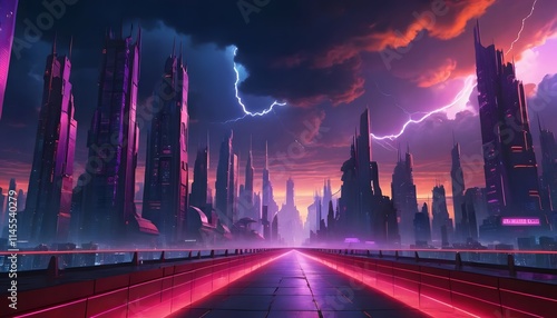 Futuristic cityscape at night with glowing neon lights and digital beams.