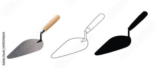 Three isometric cement trowels isolated on white background. Construction trowel vector icon, Spatula with wooden handle, This image is made by myself, not using AI