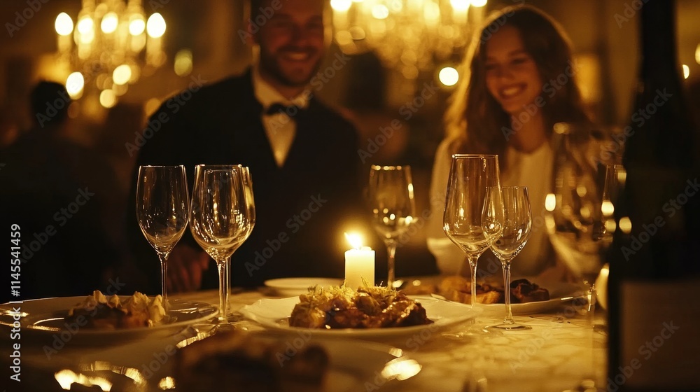 Romantic Dinner Setting with Candlelight and Gourmet Cuisine Romantic Dinner Setting with Candlelight and Gourmet Cuisine