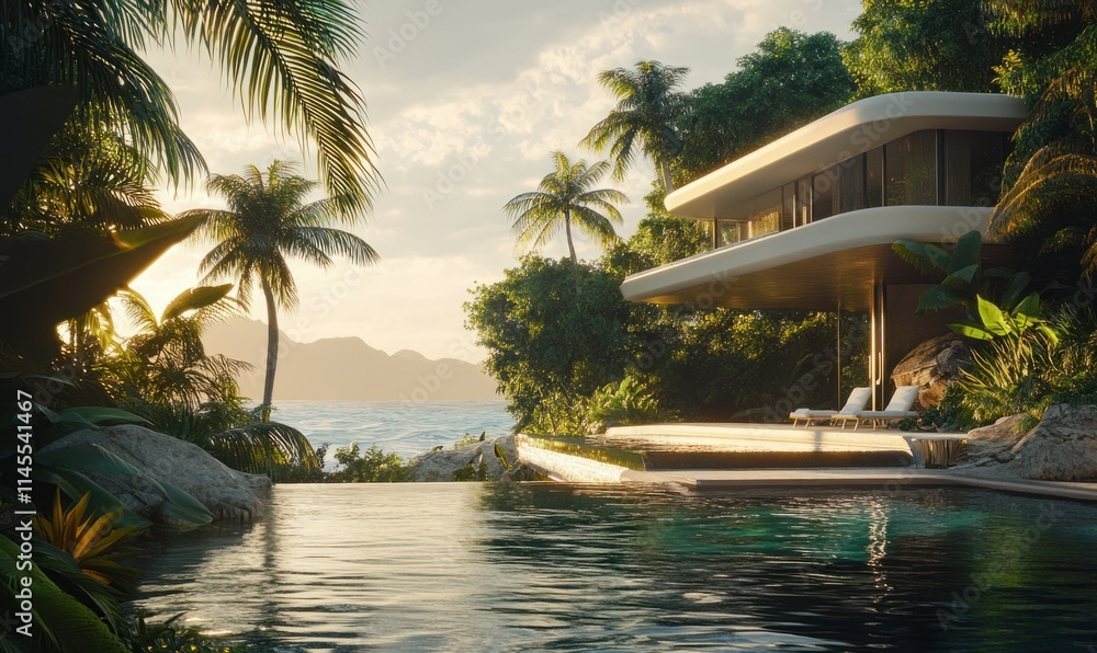 Fototapeta premium Modern Tropical Beachfront House at Sunset