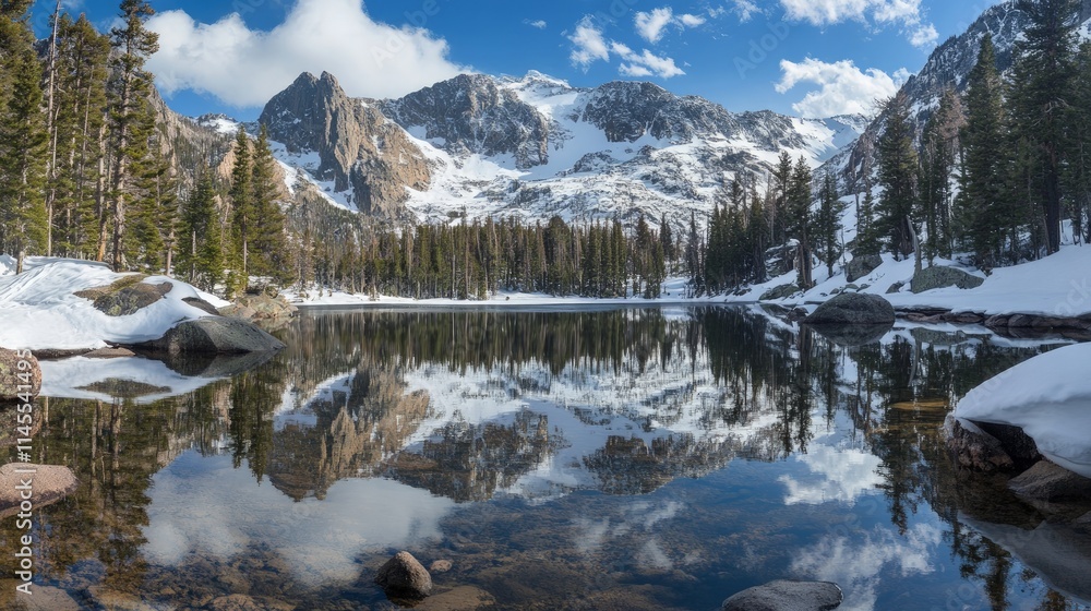 Dramatic Snow Covered Mountain Range Reflected in Calm Lake Dramatic Snow Covered Mountain Range Reflected in Calm Lake
