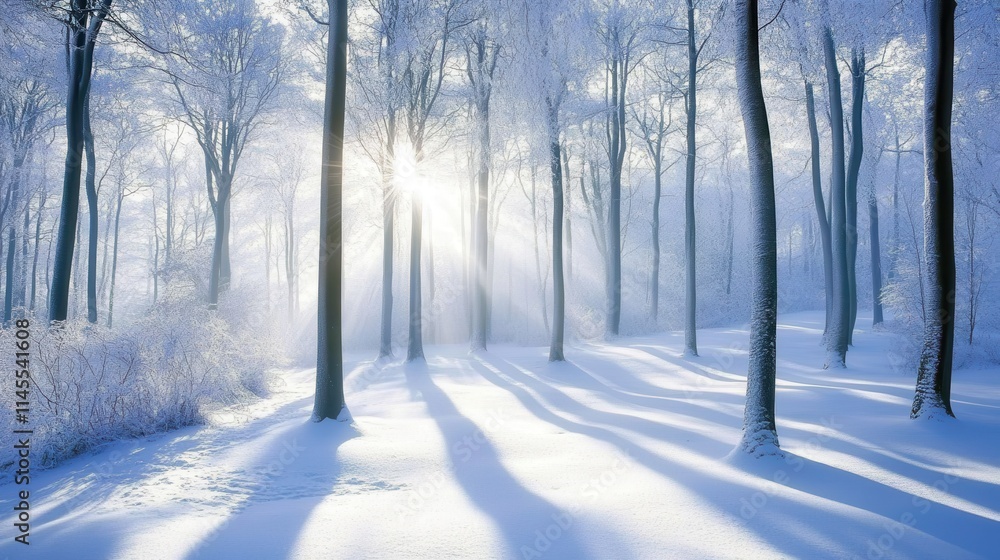 Naklejka premium A peaceful forest landscape blanketed in snow, with sunlight peeking through tall trees