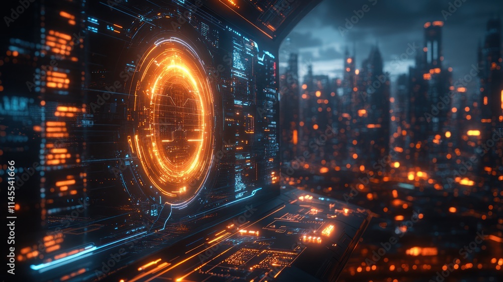 Obraz premium Futuristic control panel with city skyline backdrop.