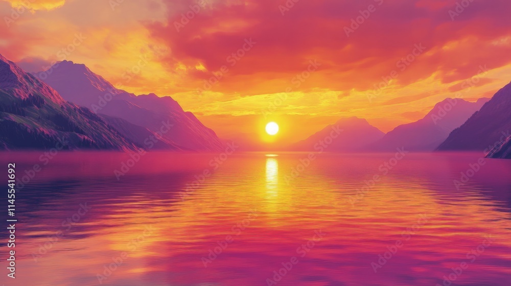 Dramatic Sunset Over Calm Mountain Lake with Vibrant Colors Dramatic Sunset Over Calm Mountain Lake with Vibrant Colors