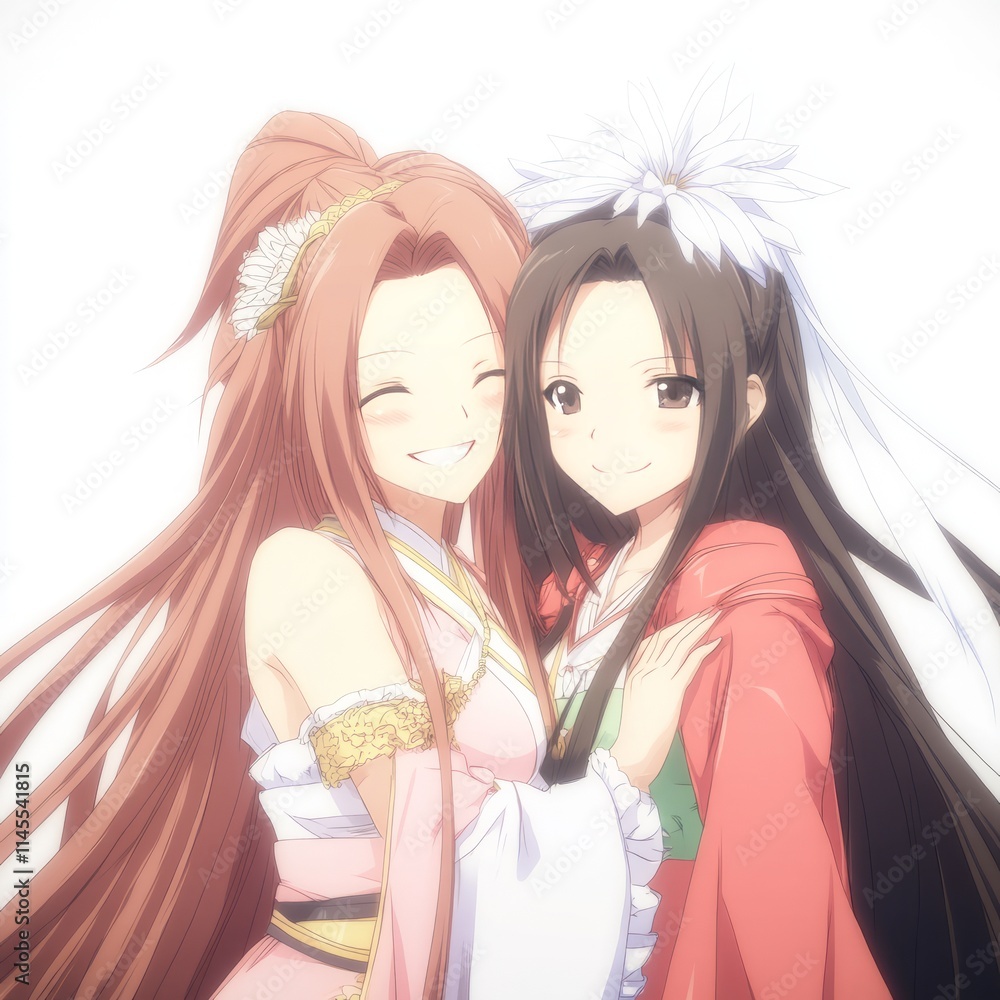 Two Anime Girls Embracing, Long Hair, Pastel Colors, Friendship Two Anime Girls Embracing, Long Hair, Pastel Colors, Friendship