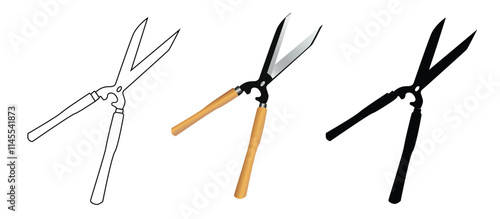 Garden shears icon for cutting grass, with 3 types: color, black and white, outline. Isolated vector sign symbol, This image is made by myself, not using AI
