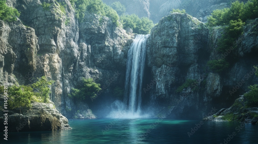 Naklejka premium Dramatic Waterfall Plunging into Serene Blue Pool in Nature