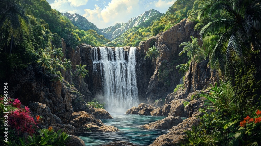 Fototapeta premium Majestic Waterfall Plunging into Lush Tropical Paradise Landscape