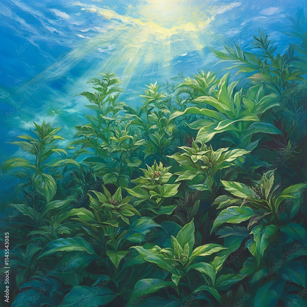 Underwater Sunlit Garden Lush Tropical Flora Submerged in Light Underwater Sunlit Garden Lush Tropical Flora Submerged in Light