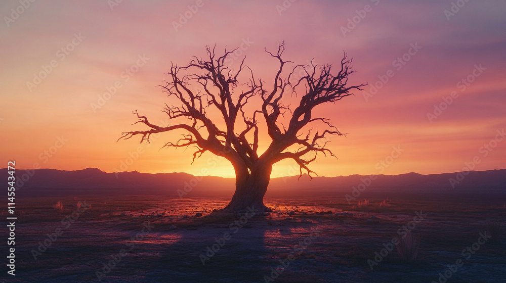 A large, leafless tree standing alone in a barren landscape during sunset. A large, leafless tree standing alone in a barren landscape during sunset.