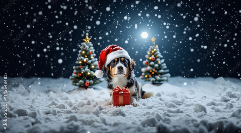 Dog in Santa hat on Christmas Background. Dog puppy in red Santa hat with Christmas gift on winter snow greeting card. Puppy dog in Christmas Santa hat near Christmas tree. Dog in Santa hat on Christmas Background. Dog puppy in red Santa hat with Christmas gift on winter snow greeting card. Puppy dog in Christmas Santa hat near Christmas tree.