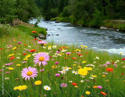 flowers are in a field next to a river and a bridge. photo