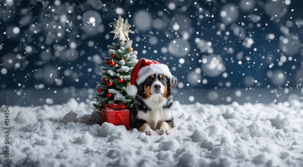 Dog in Santa hat on Night Christmas Background. Dog puppy in red Santa hat with Christmas gift on winter snow greeting card. Puppy dog in Christmas Santa hat near Christmas tree. Dog in Santa hat on Night Christmas Background. Dog puppy in red Santa hat with Christmas gift on winter snow greeting card. Puppy dog in Christmas Santa hat near Christmas tree.