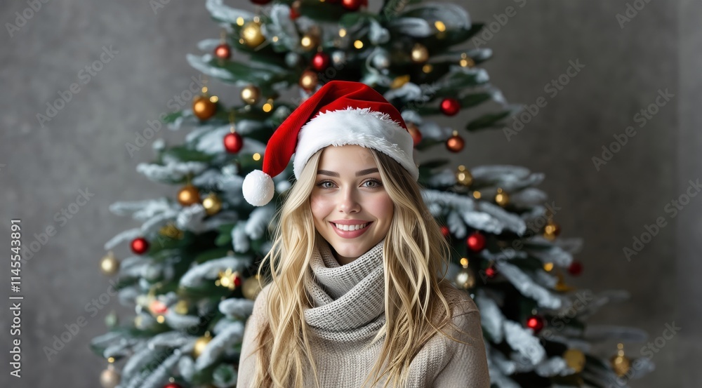 Portrait of beauty woman in Santa hat cap. Happy young woman in santa claus hat over Christmas tree at home.