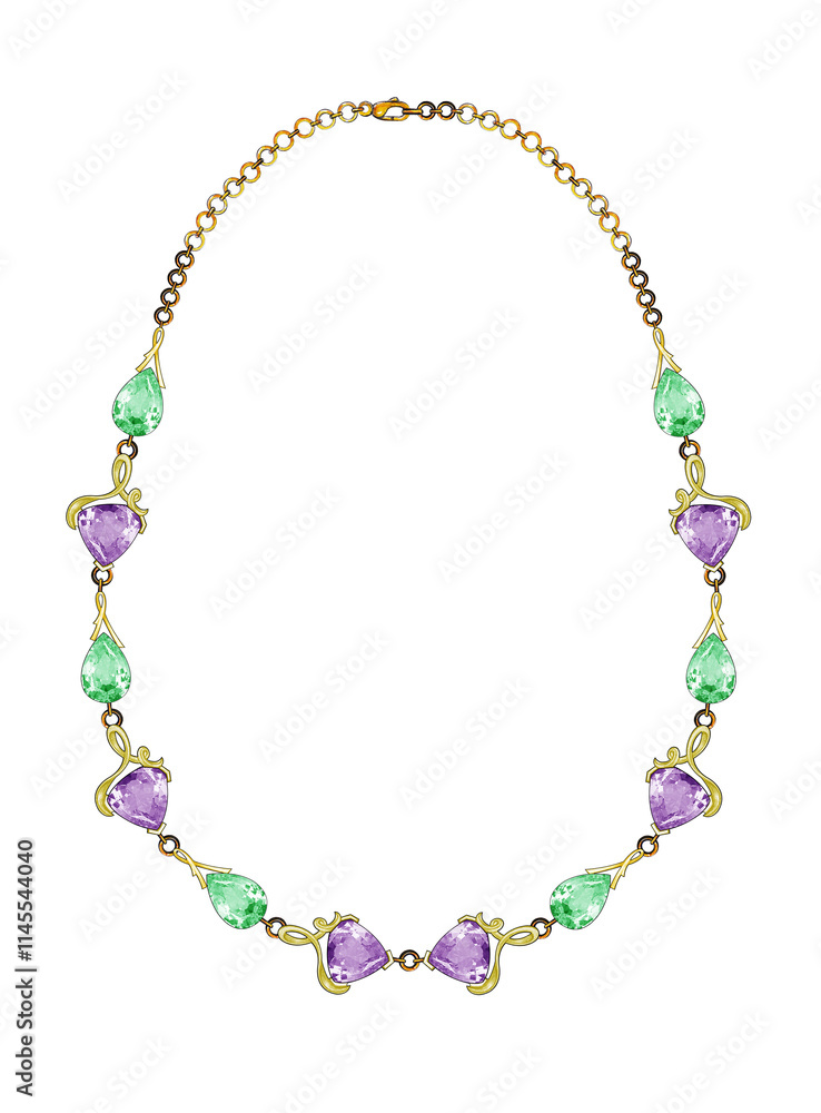 Jewelry design modern art necklace set with amethyst and green sapphire hand drawing.
Jewelry design modern art necklace set with amethyst and green sapphire hand drawing.
