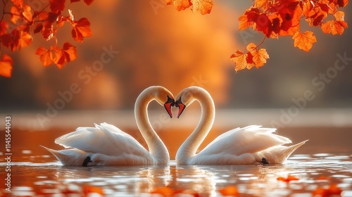 Two swans forming heart shape on autumn lake. photo