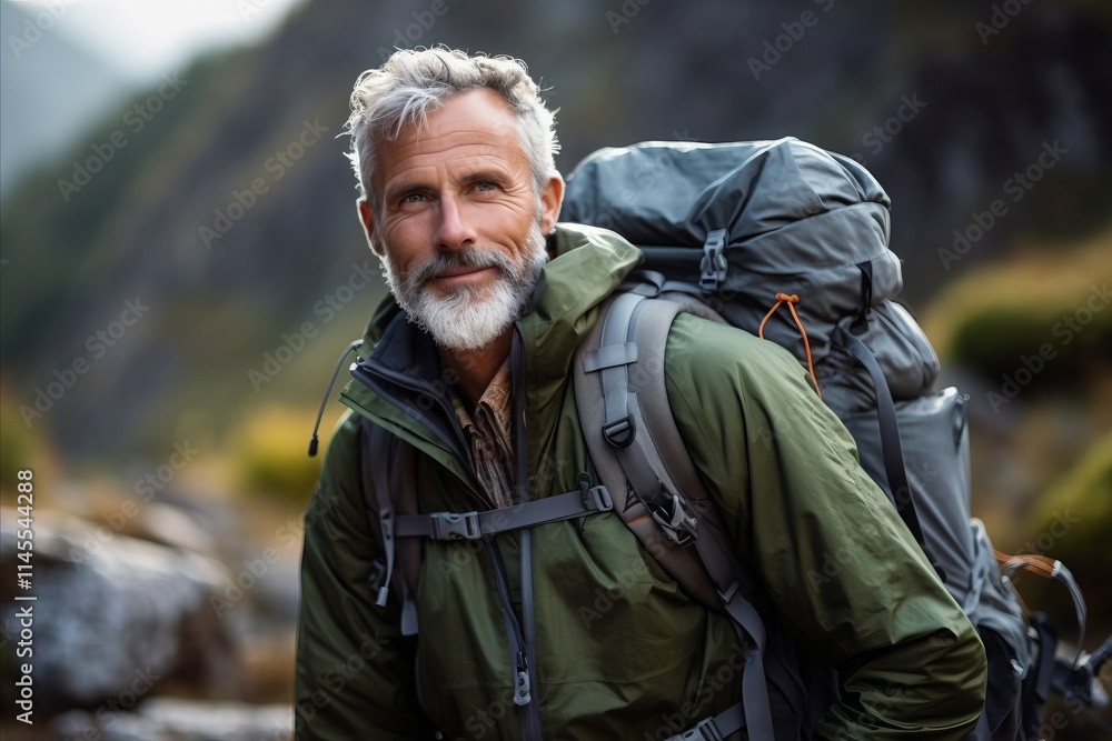 Portrait of a senior man with backpack standing in the mountains. Portrait of a senior man with backpack standing in the mountains.