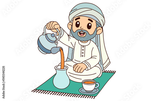 Arabian man pours the hot water into a teapot. Clipart cartoon.