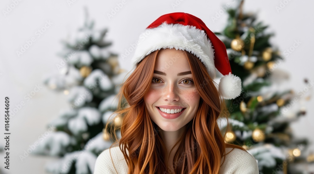 Portrait of an woman girl on Merry Christmas Eve Xmas on holiday. Winter Celebration at home. Beauty woman in Santa hat cap. Happy young woman in Santa hat over Christmas tree at home. Portrait of an woman girl on Merry Christmas Eve Xmas on holiday. Winter Celebration at home. Beauty woman in Santa hat cap. Happy young woman in Santa hat over Christmas tree at home.