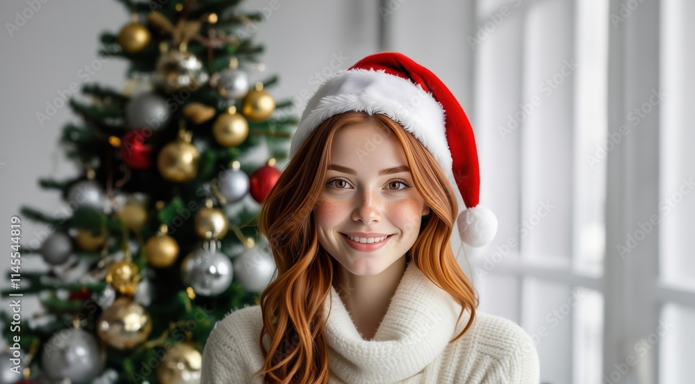 Portrait of joyful beautiful girl near gift presents and Christmas tree at home. Portrait of beauty woman in Santa hat cap. Happy young woman in santa claus hat over Christmas tree at home. Portrait of joyful beautiful girl near gift presents and Christmas tree at home. Portrait of beauty woman in Santa hat cap. Happy young woman in santa claus hat over Christmas tree at home.