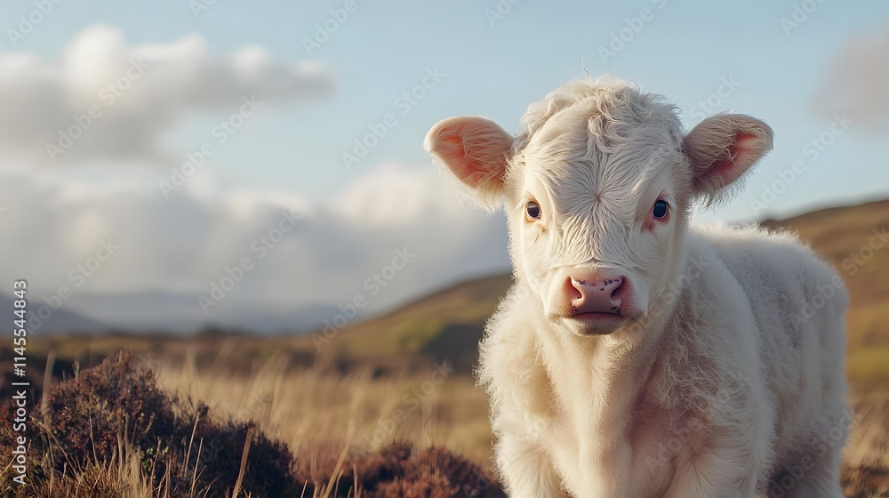Obraz premium Adorable White Calf Stands in a Mountain Pasture