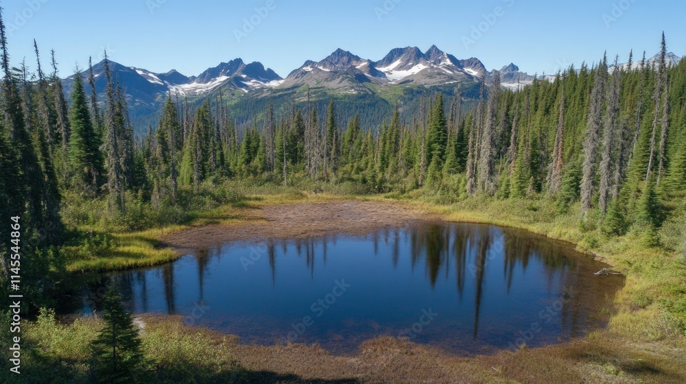 Aerial View of Serene Alpine Lake Surrounded by Evergreen Forest Aerial View of Serene Alpine Lake Surrounded by Evergreen Forest
