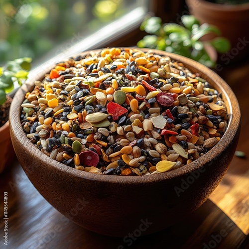 Wooden bowl filled with colorful birdseed mix on a wooden table near a window. photo