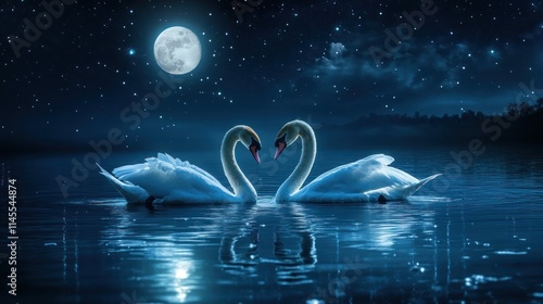 Fototapeta Naklejka Na Ścianę i Meble -  Two swans forming a heart shape on a moonlit lake at night.