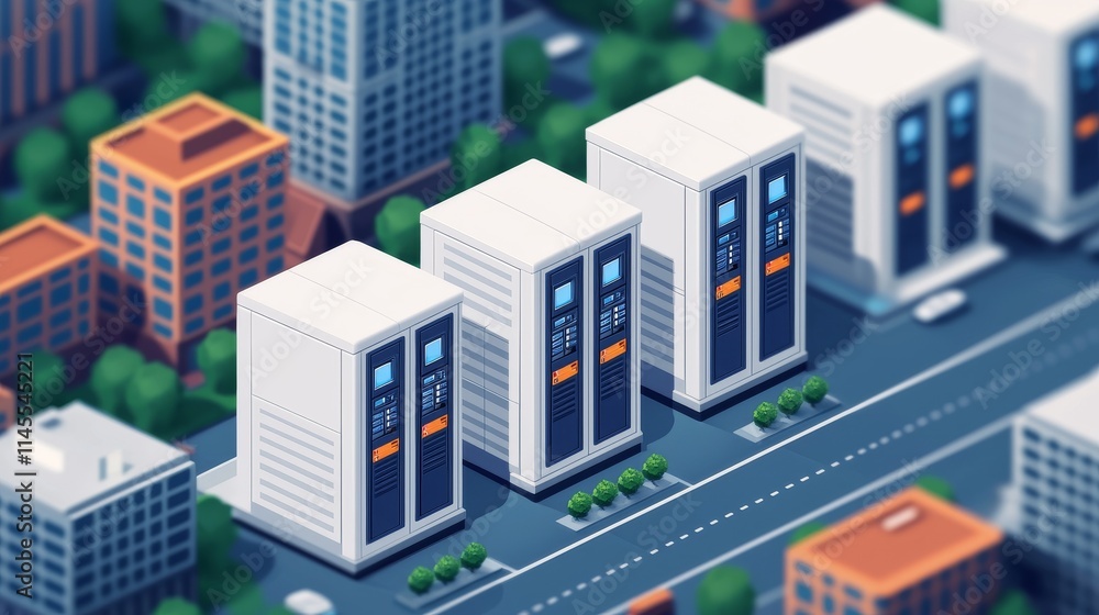Isometric of Smart Lockers in Urban Landscape Isometric of Smart Lockers in Urban Landscape