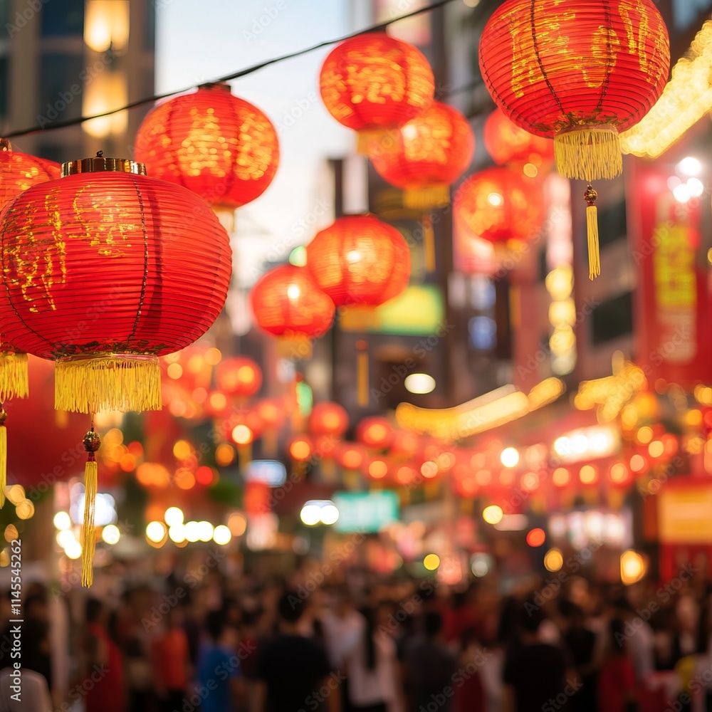 Vibrant Red Lanterns Illuminate Festive Street Crowd Vibrant Red Lanterns Illuminate Festive Street Crowd
