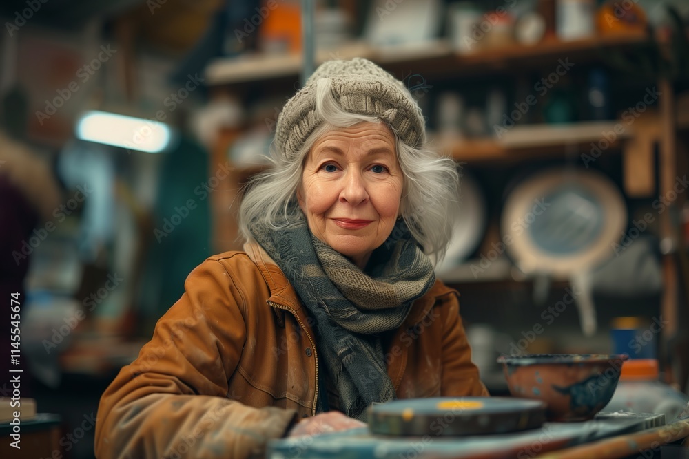 A thoughtful elderly woman sitting in a cozy workshop surrounded by handmade pottery and tools. A thoughtful elderly woman sitting in a cozy workshop surrounded by handmade pottery and tools.