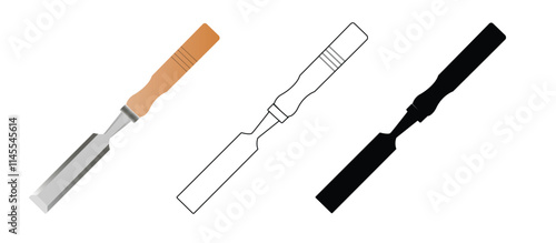 Chisel icon with wooden handle,with 3 types: color, black and white, outline. Isolated vector sign symbol,