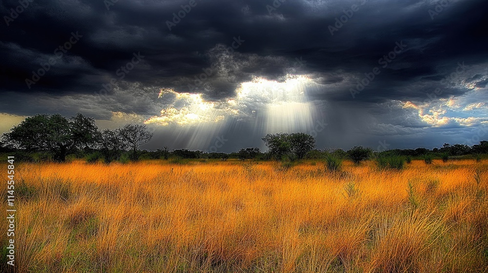 Dramatic Sky Over Golden Grassland with Sunbeams Breaking Through Dark Clouds in a Calm Natural Landscape Scene Dramatic Sky Over Golden Grassland with Sunbeams Breaking Through Dark Clouds in a Calm Natural Landscape Scene