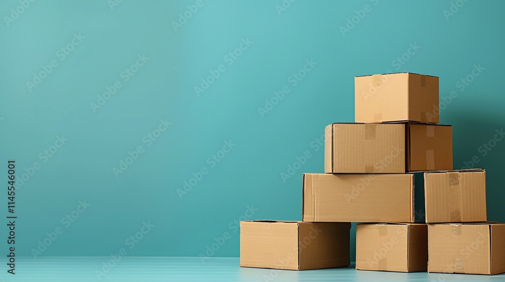 Fototapeta premium Neatly Stacked Cardboard Boxes on Blue Background