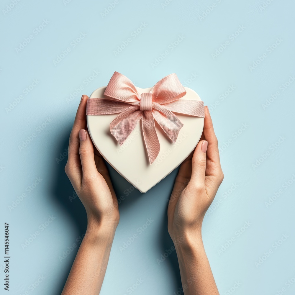Hands presenting heart-shaped gift box in soft blue setting Hands presenting heart-shaped gift box in soft blue setting