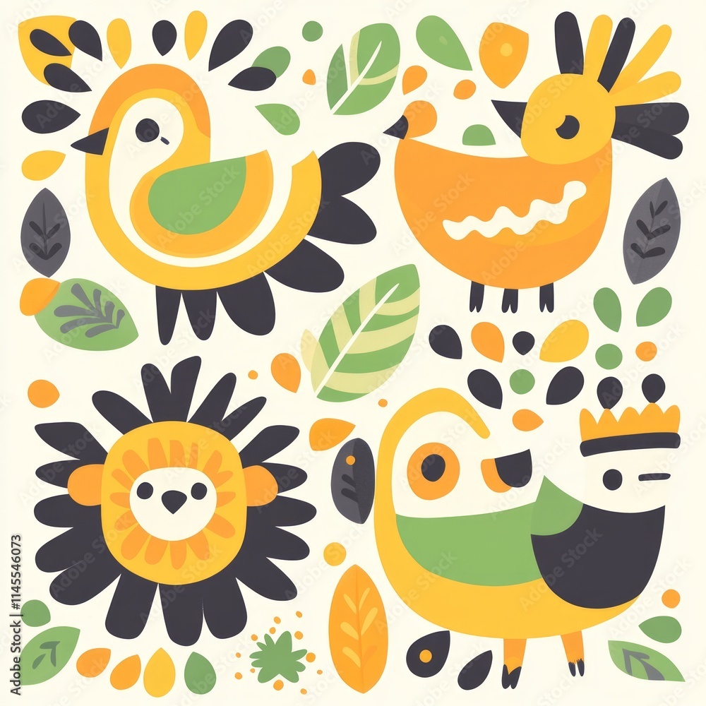 Fototapeta premium Whimsical Bird and Floral Folk Art Illustration