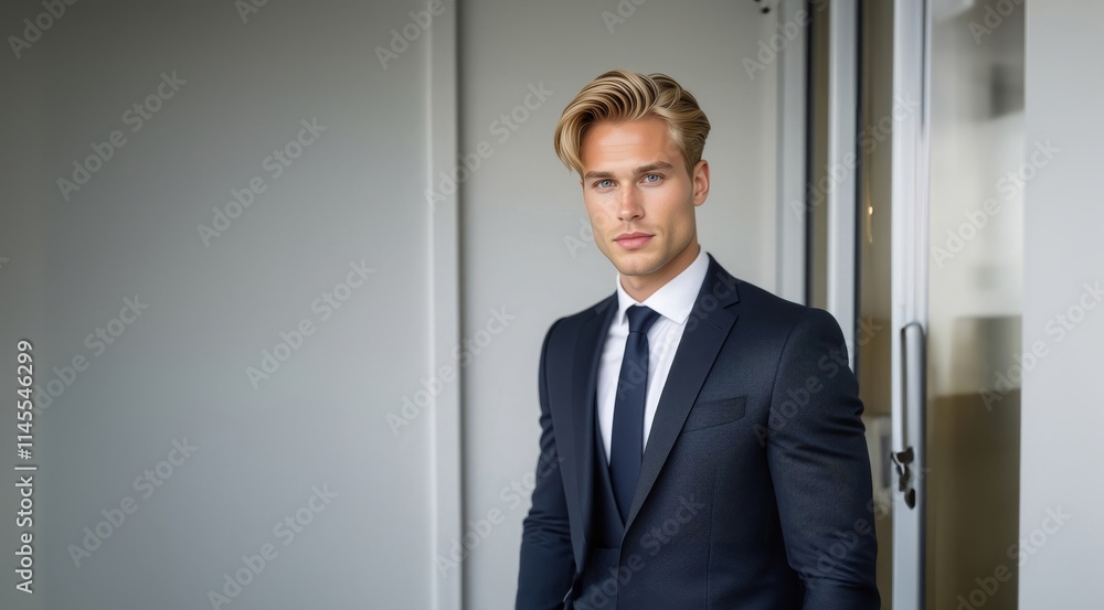 Sexy model in suit. Handsome blonde Man portrait. Man in suit, attractive businessman, business style. Beauty face of a guy in an expensive business suit.
