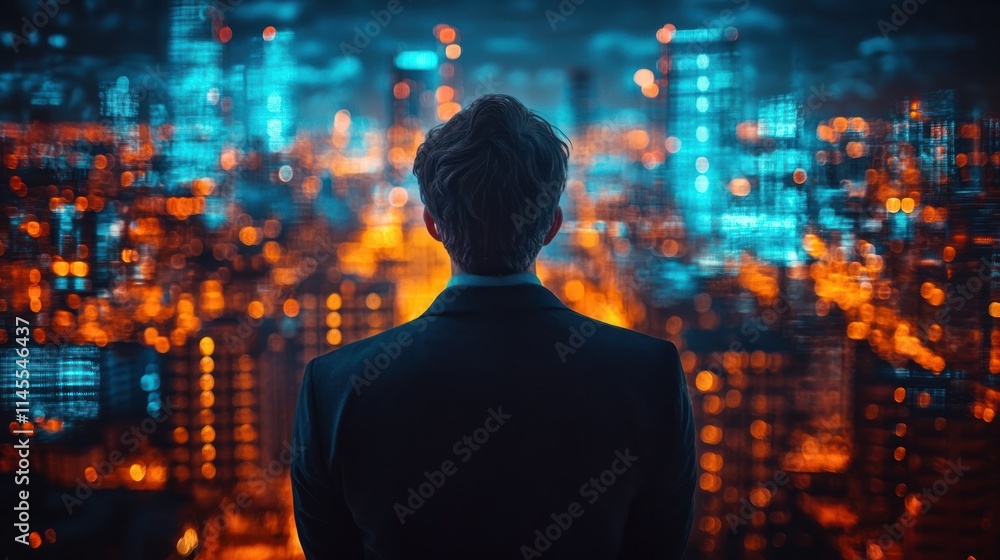 Man in suit overlooking a vibrant cityscape. Man in suit overlooking a vibrant cityscape.