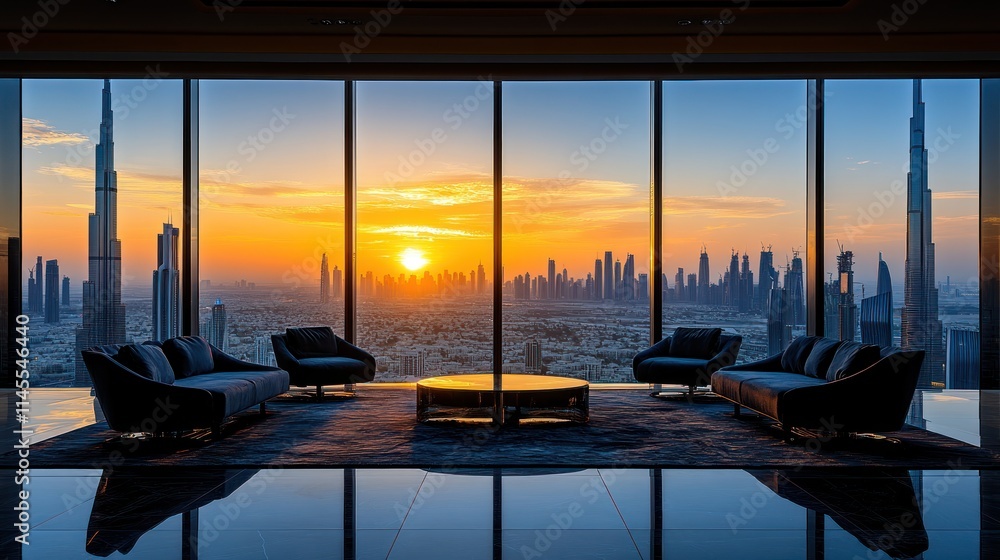 Fototapeta premium Luxury lounge with sunset view over a city skyline.