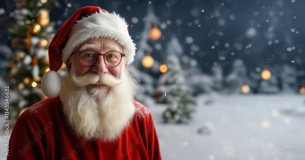 Portrait of Santa Claus with Christmas tree in background. Happy Santa Claus. Christmas, New Year, Winter Holiday Celebration. Portrait of Santa Claus with Christmas tree in background. Happy Santa Claus. Christmas, New Year, Winter Holiday Celebration.