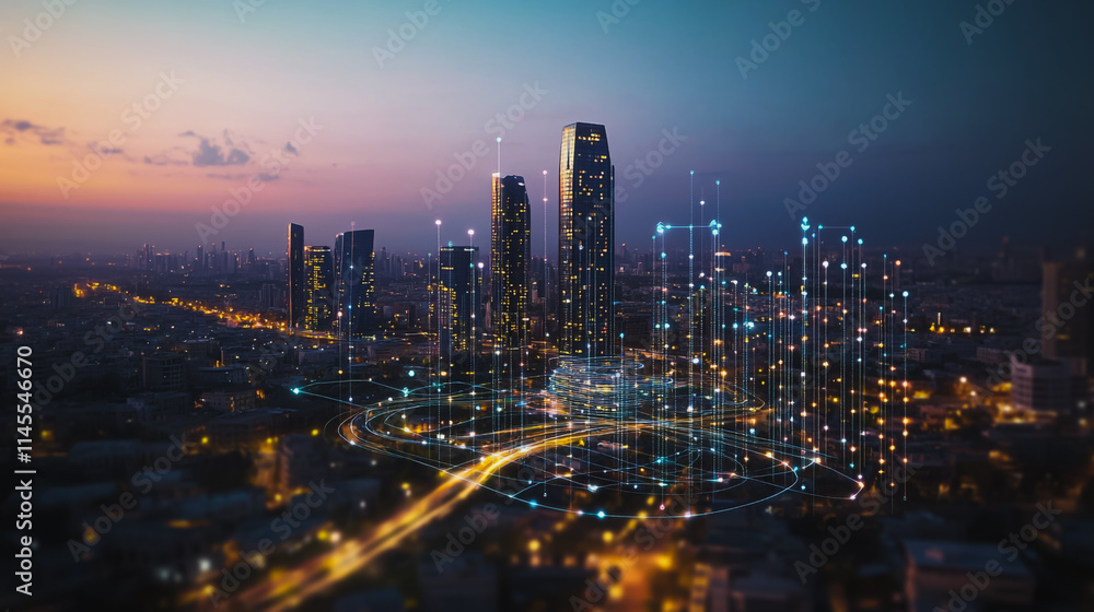 Fototapeta premium Smart digital city with connection cyber security network reciprocity over the cityscape . future smart wireless digital city and social media networking systems that connects people within the city