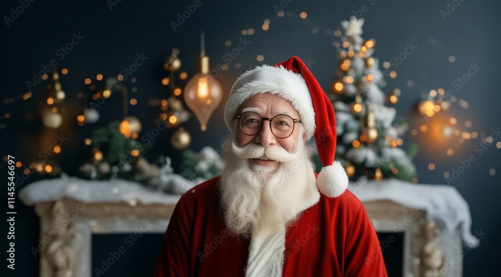 Portrait of Santa Claus with Christmas tree in background. Happy Santa Claus. Christmas, New Year, Winter Holiday Celebration. Portrait of Santa Claus with Christmas tree in background. Happy Santa Claus. Christmas, New Year, Winter Holiday Celebration.